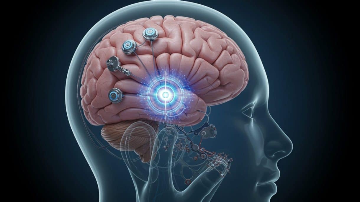 Ilustración de implante cerebral que estimula la corteza visual para generar visión artificial