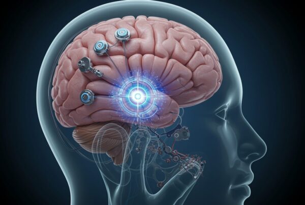 Ilustración de implante cerebral que estimula la corteza visual para generar visión artificial