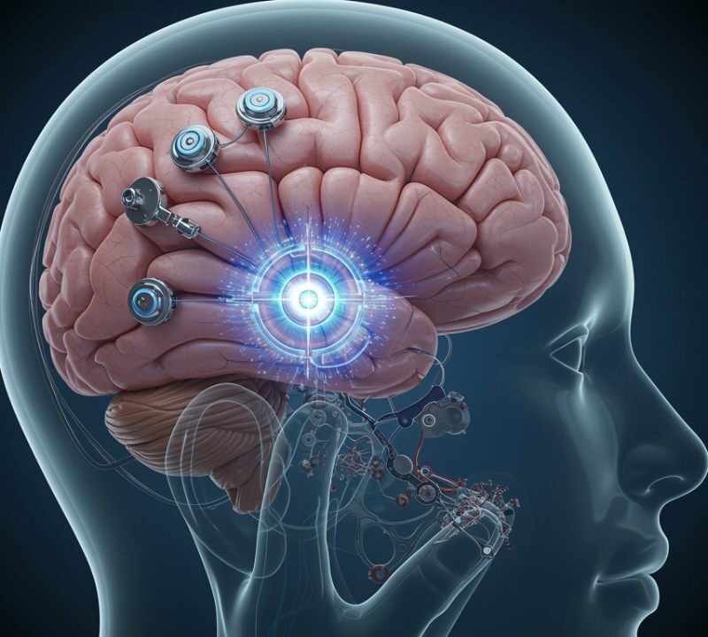 Ilustración de implante cerebral que estimula la corteza visual para generar visión artificial