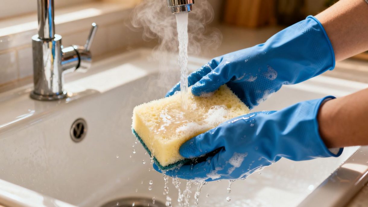 Esponja de cocina siendo desinfectada bajo agua caliente