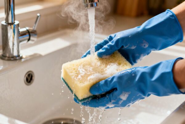 Esponja de cocina siendo desinfectada bajo agua caliente