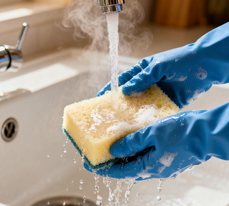 Esponja de cocina siendo desinfectada bajo agua caliente