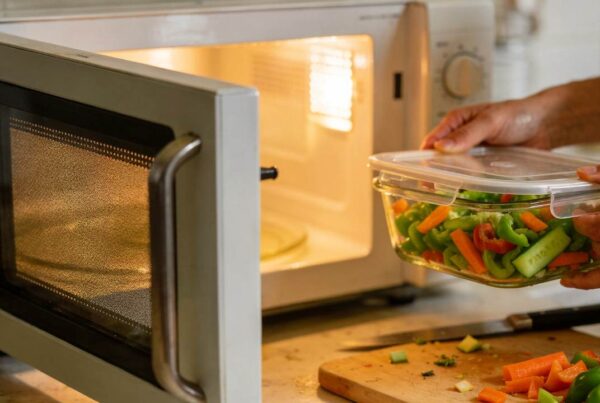 Persona cocinando con microondas usando recipientes seguros y alimentos saludables