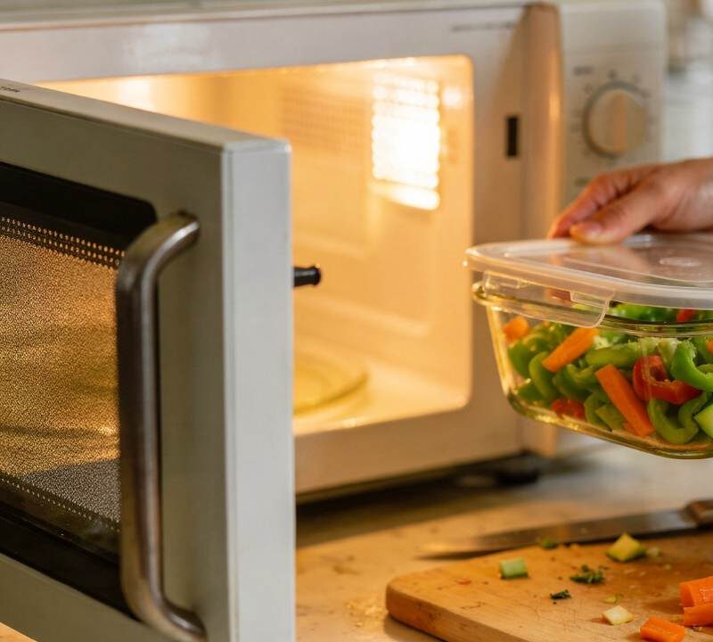 Persona cocinando con microondas usando recipientes seguros y alimentos saludables