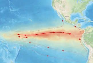 Mapa del océano Pacífico mostrando el calentamiento del agua durante el fenómeno El Niño