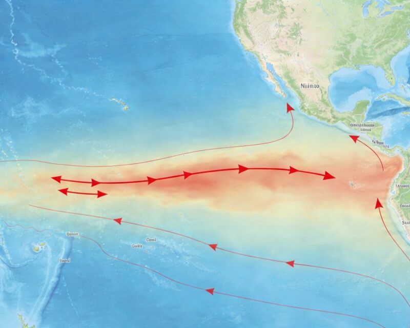Mapa del océano Pacífico mostrando el calentamiento del agua durante el fenómeno El Niño