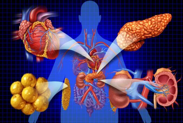 Ilustración del corazón, riñones y metabolismo conectados en el cuerpo humano