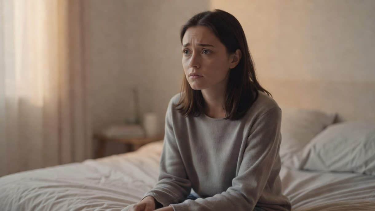 Mujer joven sentada con expresión de preocupación mientras reflexiona sobre su bienestar emocional y salud mental
