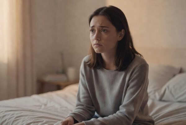 Mujer joven sentada con expresión de preocupación mientras reflexiona sobre su bienestar emocional y salud mental