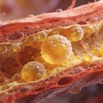 Representación de partículas pequeñas y densas de colesterol LDL en arterias