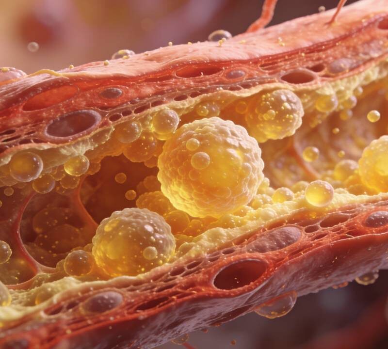 Representación de partículas pequeñas y densas de colesterol LDL en arterias