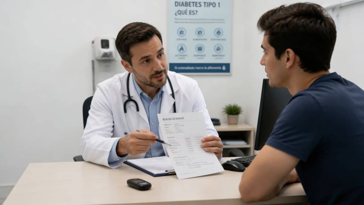 Análisis de sangre mostrando niveles de colesterol en paciente con diabetes tipo 1 en consulta médica