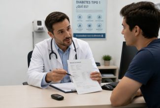 Análisis de sangre mostrando niveles de colesterol en paciente con diabetes tipo 1 en consulta médica