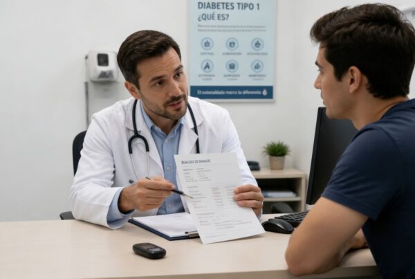 Análisis de sangre mostrando niveles de colesterol en paciente con diabetes tipo 1 en consulta médica