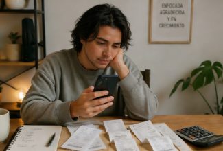 Persona revisando compras en línea desde su teléfono mientras analiza gastos y presupuesto mensual