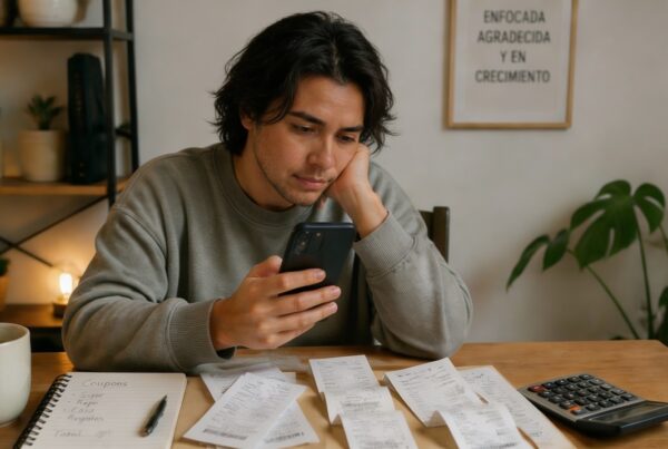 Persona revisando compras en línea desde su teléfono mientras analiza gastos y presupuesto mensual