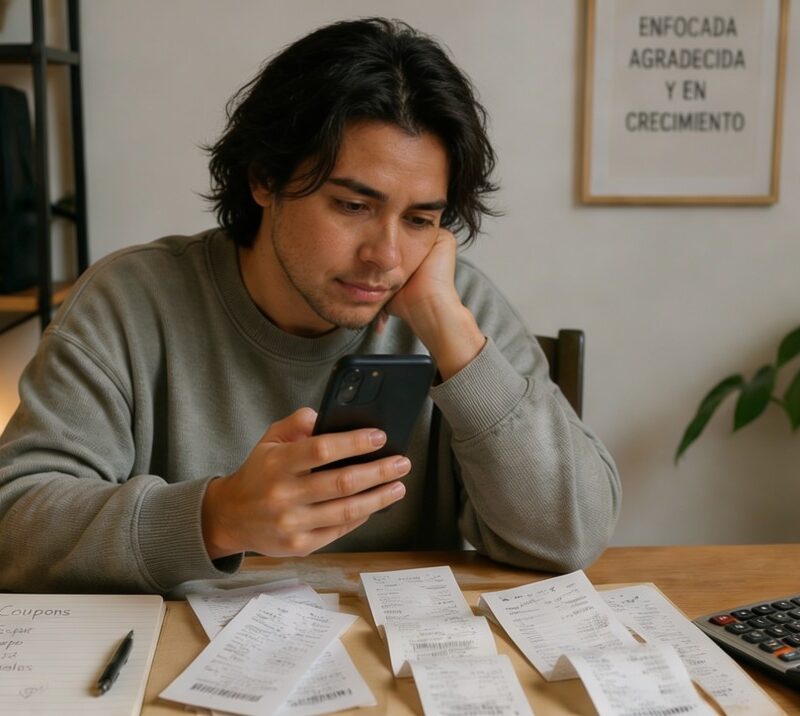 Persona revisando compras en línea desde su teléfono mientras analiza gastos y presupuesto mensual