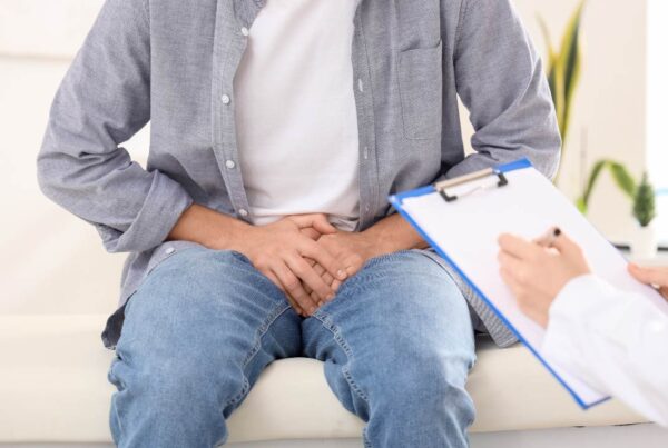 Hombre joven con dolor e inflamación en la zona testicular durante una consulta médica urológica