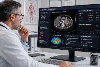 Médico utilizando inteligencia artificial para analizar datos clínicos en pantalla