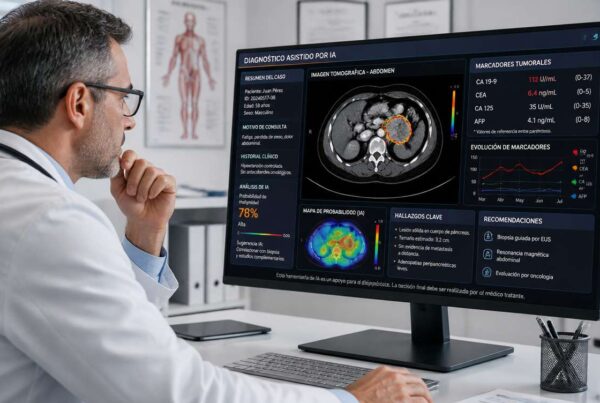 Médico utilizando inteligencia artificial para analizar datos clínicos en pantalla