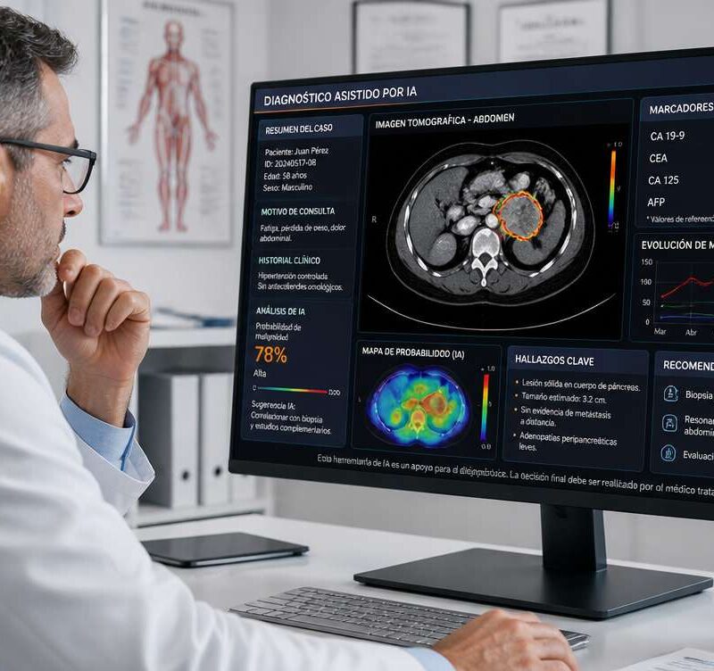 Médico utilizando inteligencia artificial para analizar datos clínicos en pantalla