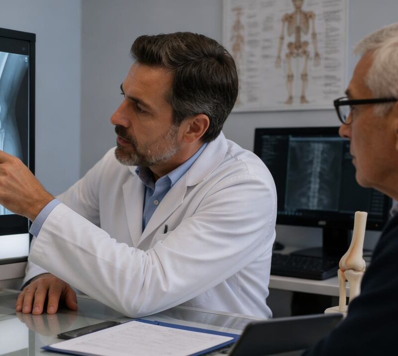 Hombre mayor revisando una radiografía ósea junto a un especialista