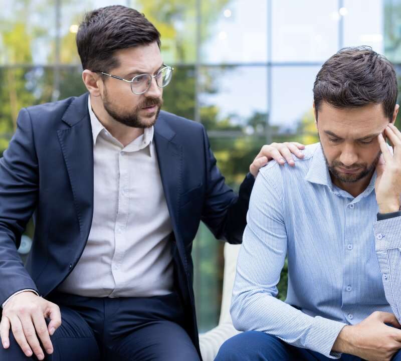 Persona acompañando emocionalmente a un amigo triste con escucha y apoyo