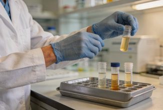 Hombre adulto revisando síntomas urinarios relacionados con sangre en la orina y salud de la vejiga