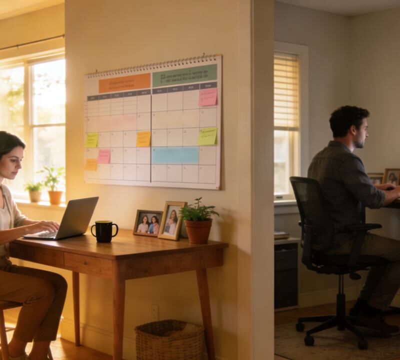 Pareja trabajando desde casa en espacios separados mientras organiza horarios y tareas para evitar el desgaste emocional