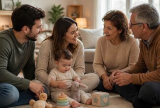 Padres conversan sobre la crianza con los suegros mientras cuidan a su bebé.