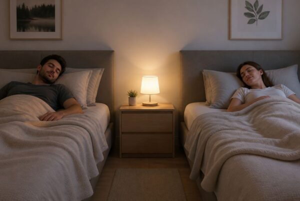 Pareja descansando en camas separadas para mejorar la calidad del sueño y la convivencia.