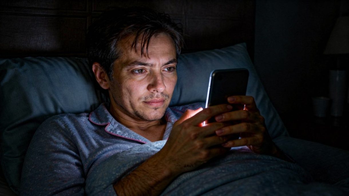 Persona usando una pantalla brillante por la noche, un hábito que puede afectar el sueño y la salud cerebral.
