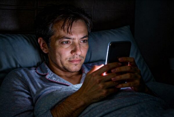 Persona usando una pantalla brillante por la noche, un hábito que puede afectar el sueño y la salud cerebral.