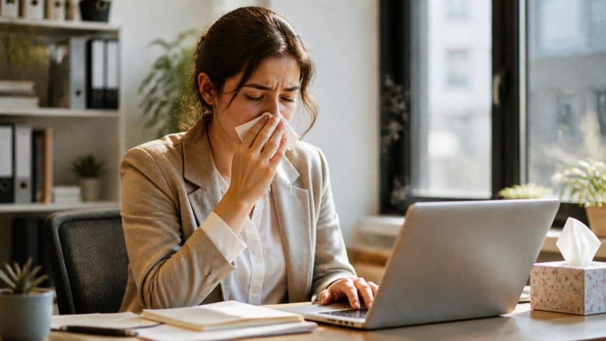 Mujer con síntomas de alergia mostrando cómo aliviar la alergia sin sueño mientras trabaja