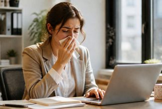 Mujer con síntomas de alergia mostrando cómo aliviar la alergia sin sueño mientras trabaja
