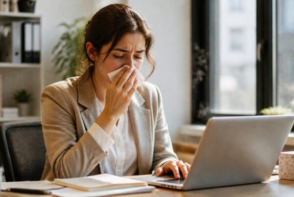 Mujer con síntomas de alergia mostrando cómo aliviar la alergia sin sueño mientras trabaja